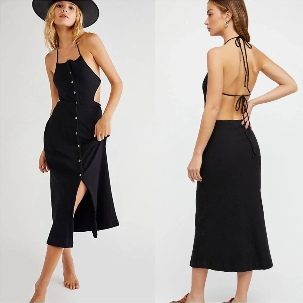 Free People FP Beach Margaret Ribbed Cut Out Backless Midi Dress Black
